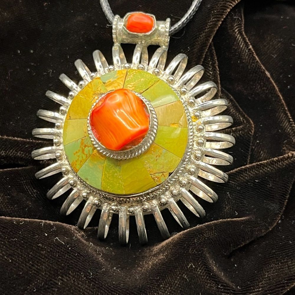 Runway statement Green Turquoise and Coral 925 pendant.